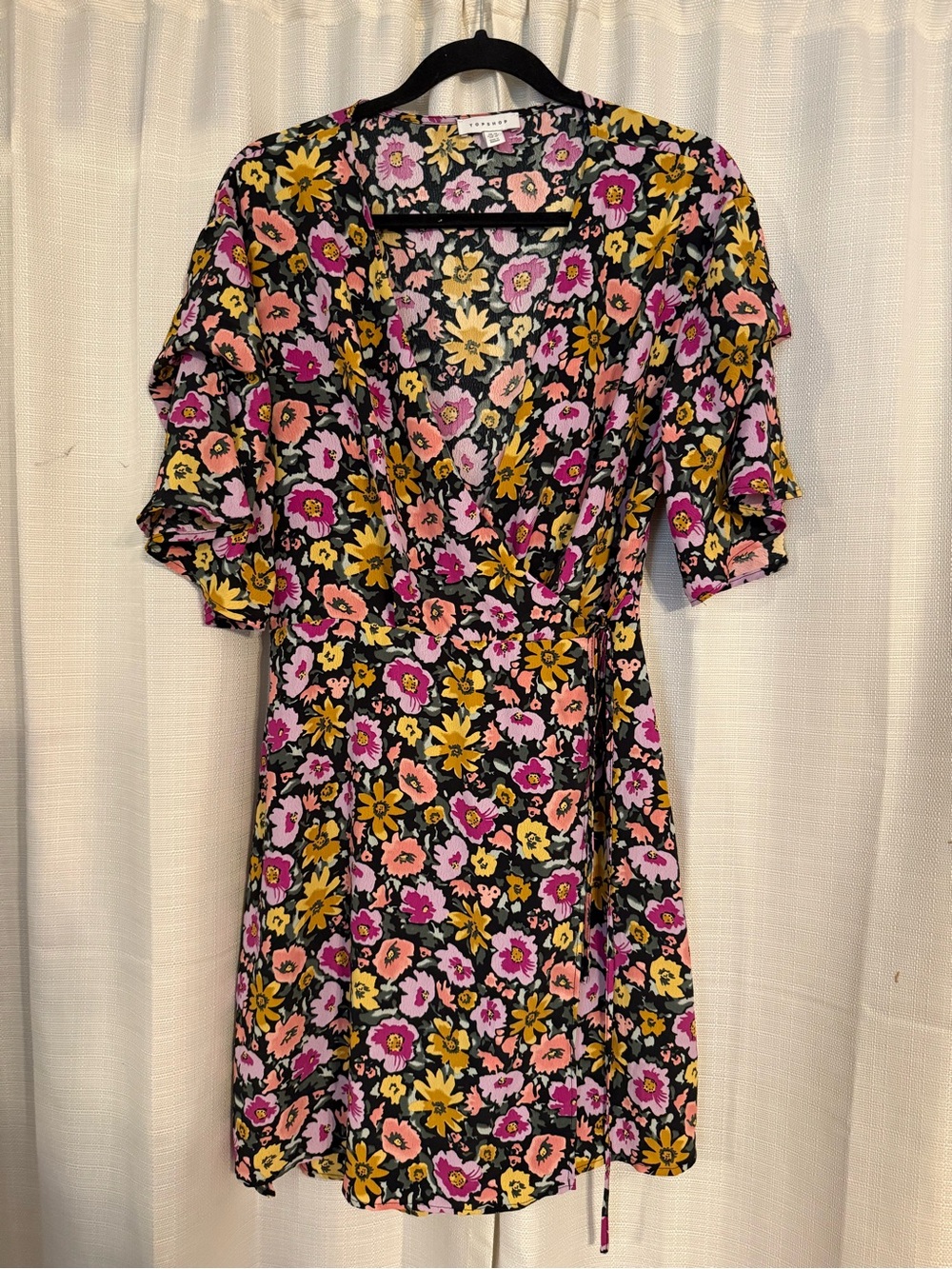 Topshop Black Floral Wrap Dress with Pink & Yellow Blooms